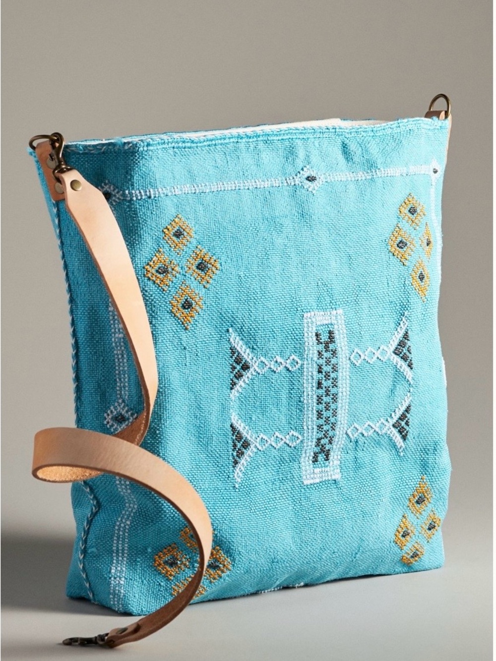 Anthropologie Turquoise Embroidered Crossbody with Natural Leather Strap